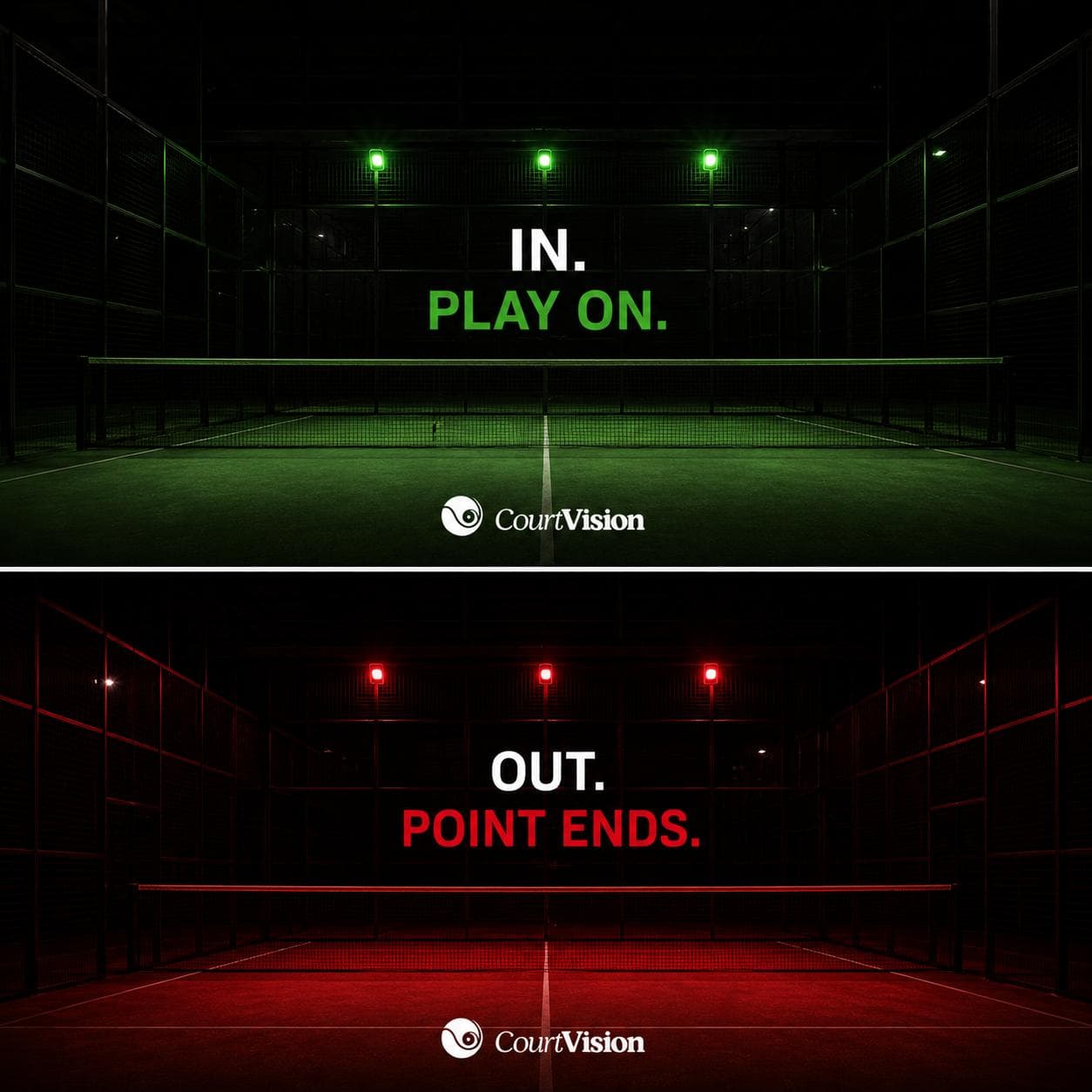 Court Vision LED indicators on a padel court: green lights for a ball that is in, red lights for a ball that is out